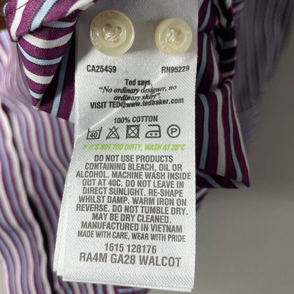TED BAKER Shirt Mens 15.5 Endurance Purple Striped Floral Trim Dress Classic-Fit - Picture 7 of 7